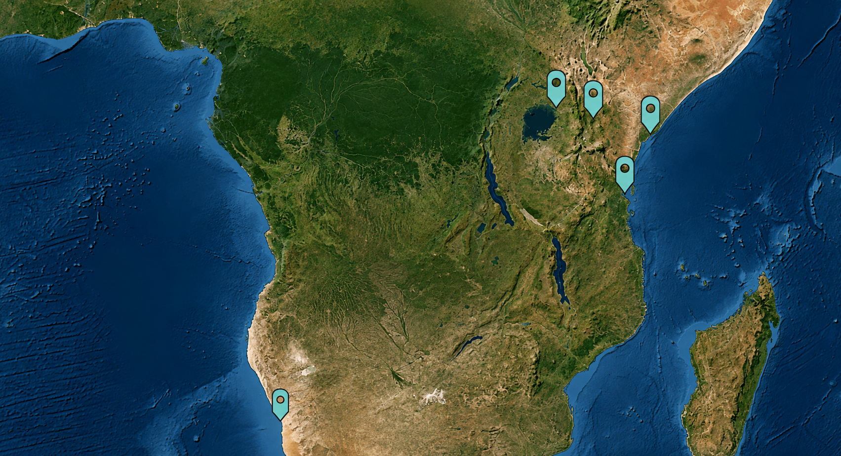 Satellite map of Southern Africa with pins